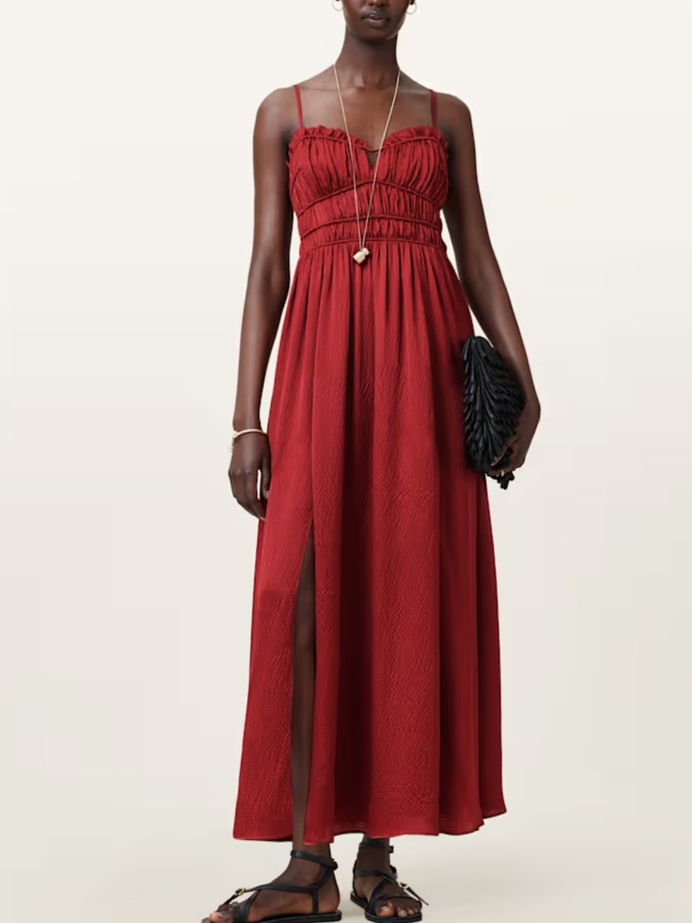 AllSaints Red Smocked Maxi Dress with Front Slit